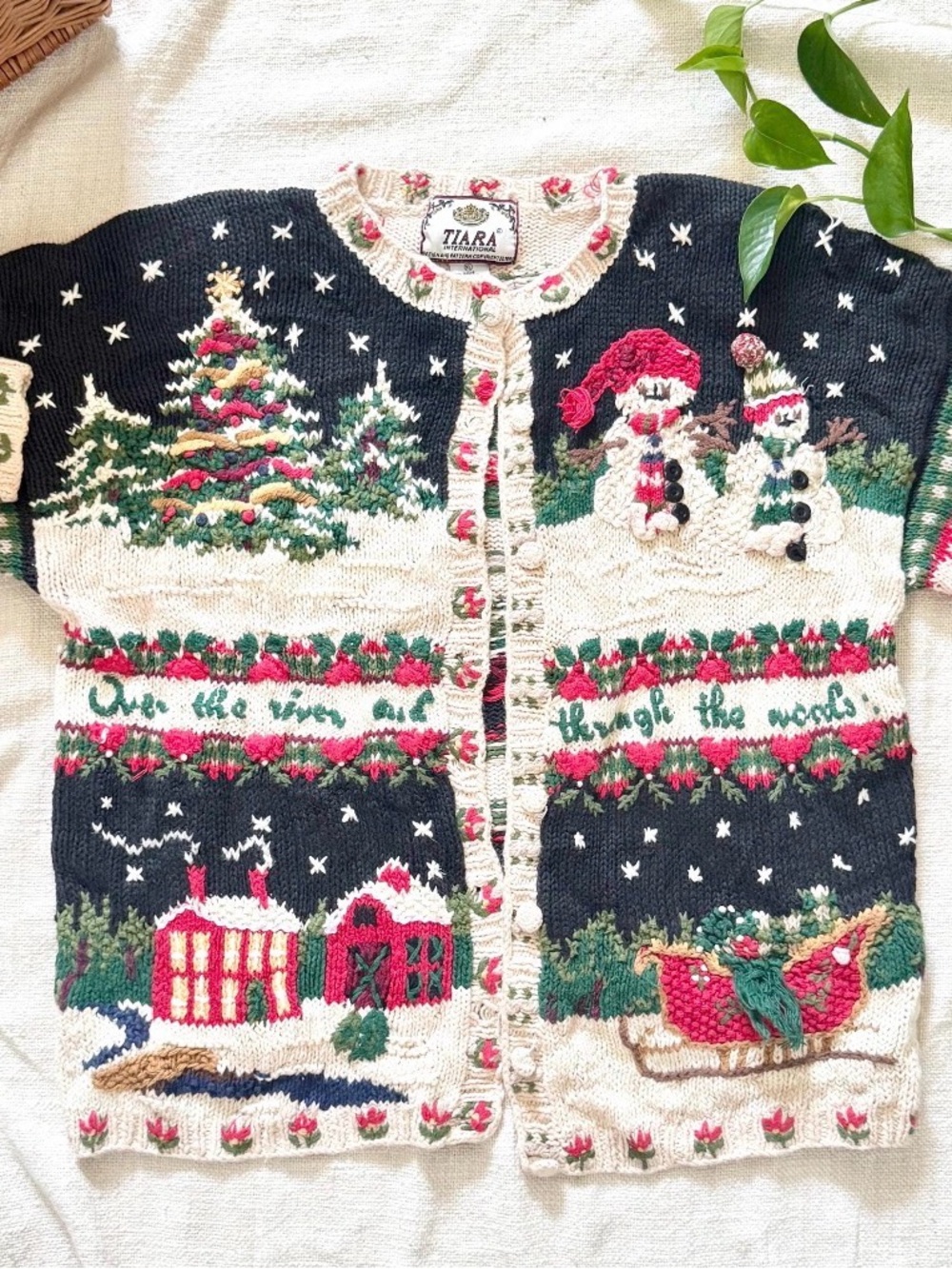 Tiara Heirloom Collectibles Ramie Knit Christmas Scene Cardigan Sweater XL